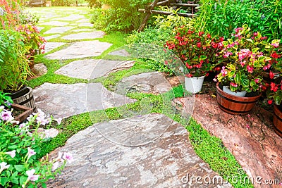 BeautifulÃ‚Â garden and stone path and blooming flower and tree with green leaves Stock Photo